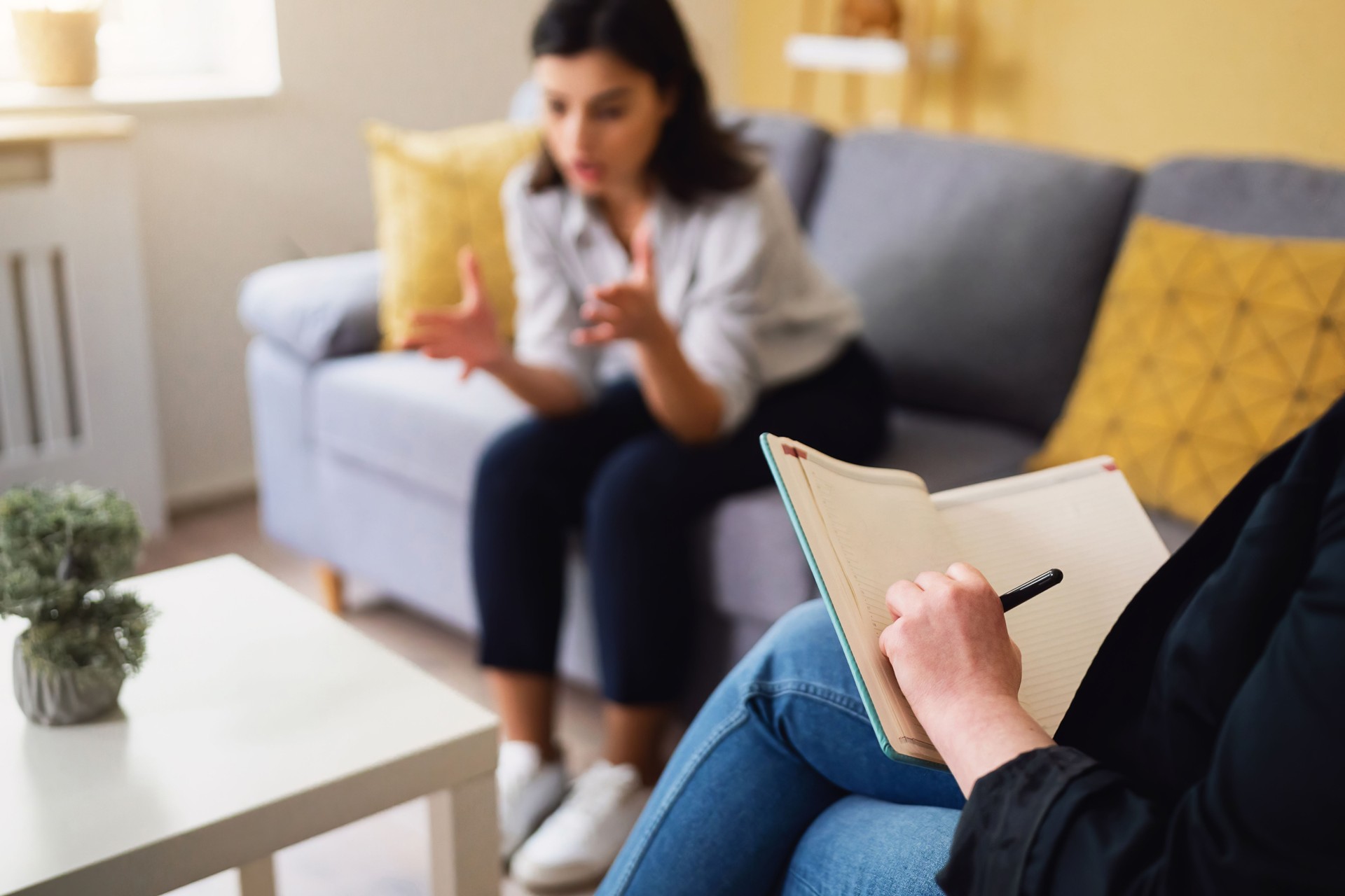 Psicoterapeuta anotando, durante terapia com paciente do sexo feminino